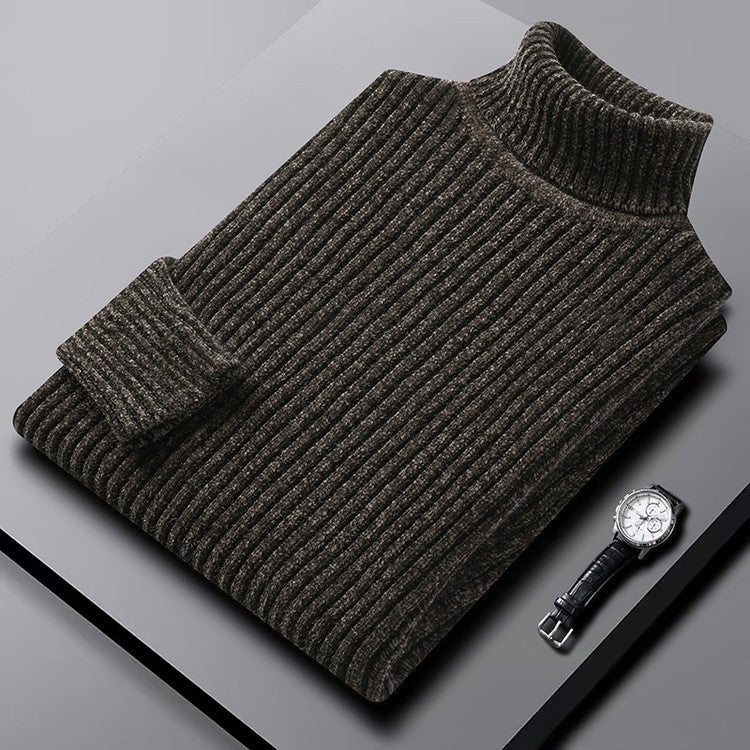 Men's roll neck jumper in a thick rib knit with a marl yarn and a high collar - dark brown