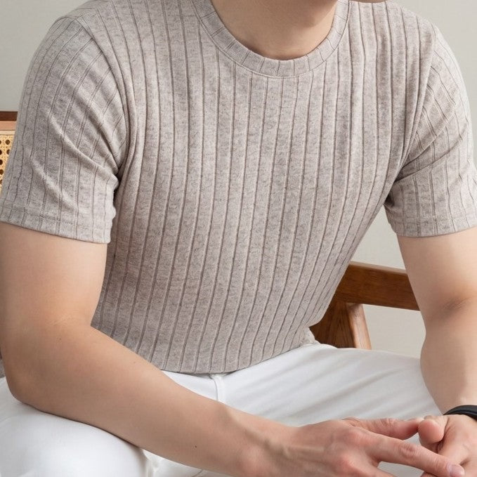 Men's ribbed slim fit T-shirt with a crew neck - taupe