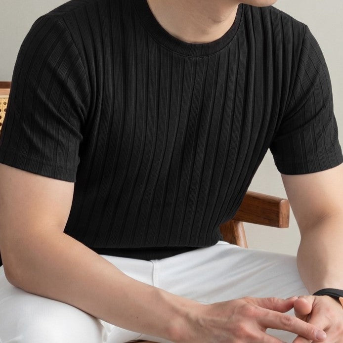 Men's ribbed slim fit T-shirt with a crew neck - black