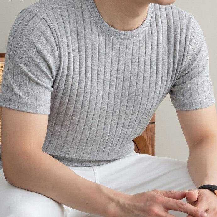 Men's ribbed slim fit T-shirt with a crew neck - light grey