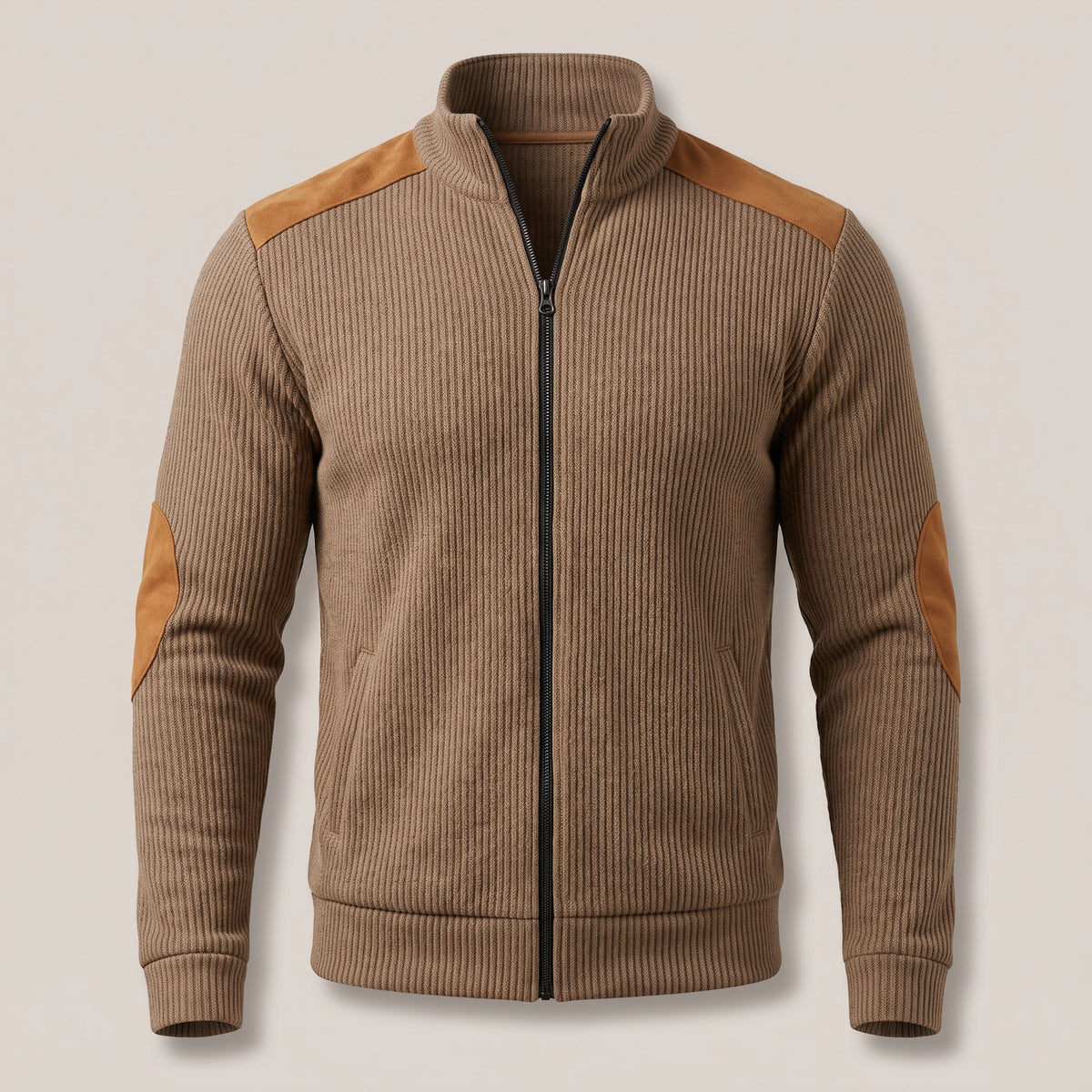 Men's ribbed zip cardigan with suede-look elbow patches - brown