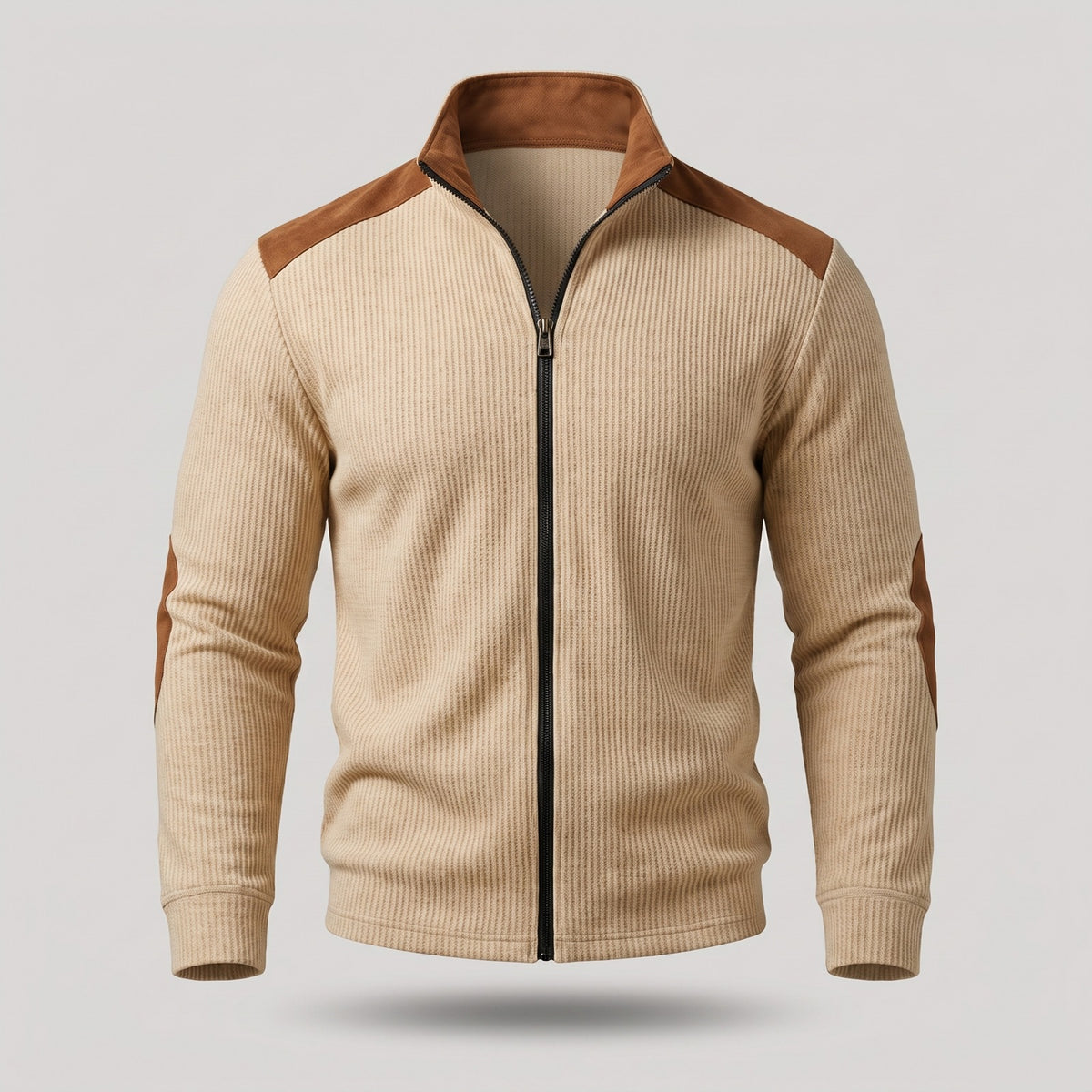 Men's ribbed zip cardigan with suede-look elbow patches - cream