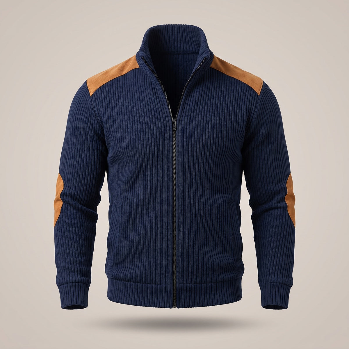 Men's ribbed zip cardigan with suede-look elbow patches - navy