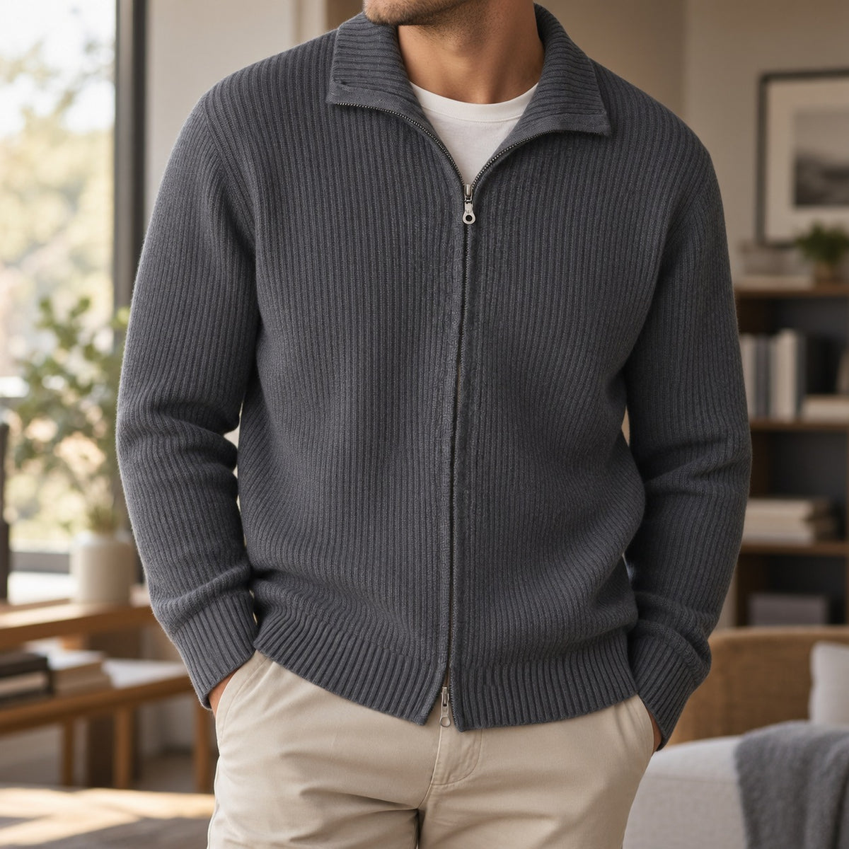 Men's rib knit cardigan with a full-length zip and a tall fold-over collar - view 2