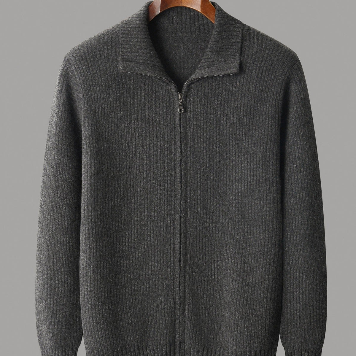 Men's rib knit cardigan with a full-length zip and a tall fold-over collar - charcoal