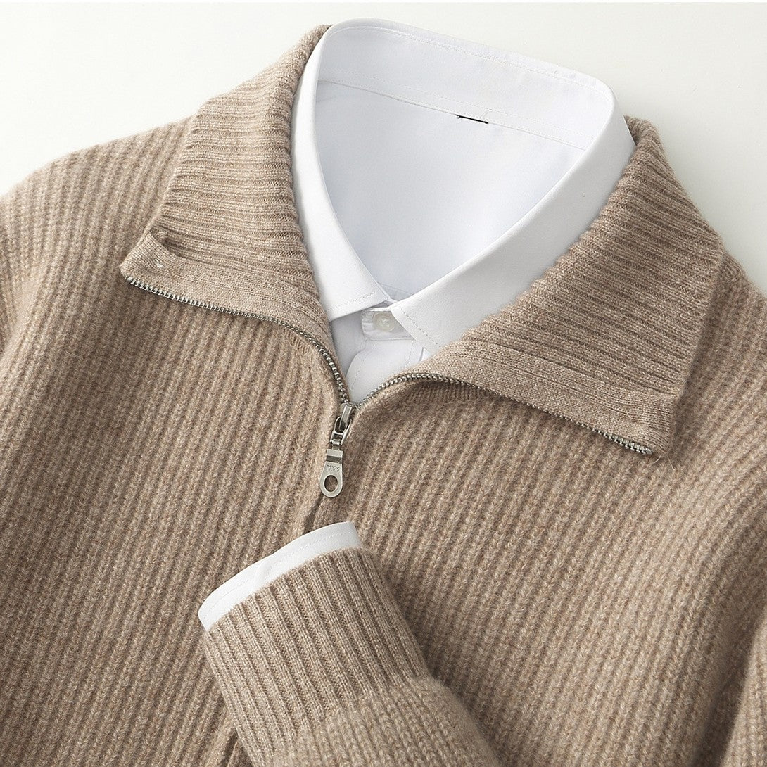 Men's rib knit cardigan with a full-length zip and a tall fold-over collar - view 7