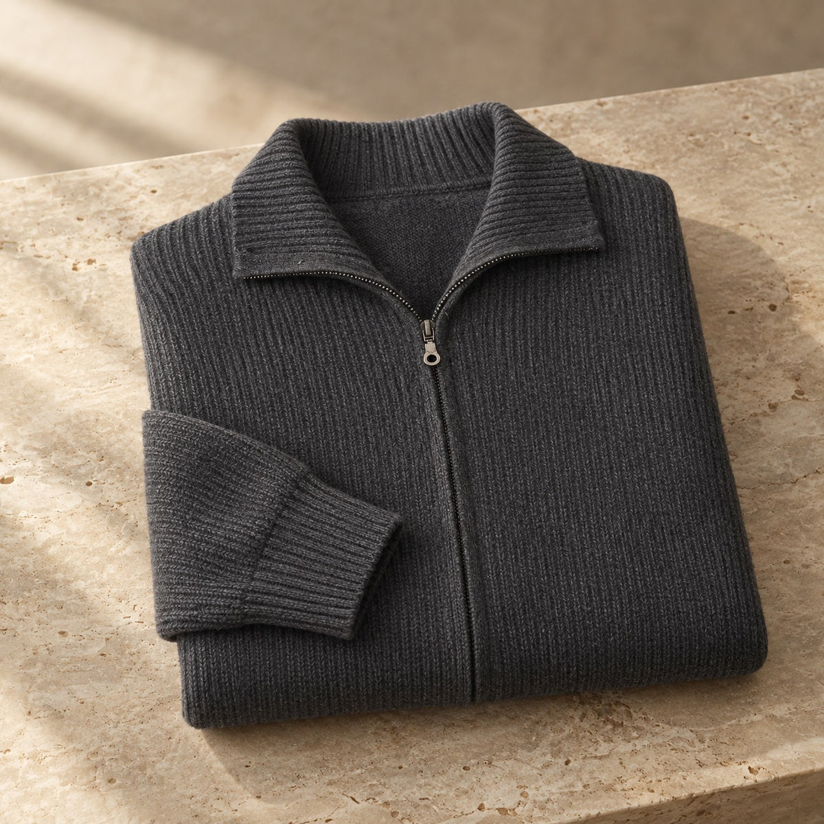 Men's rib knit cardigan with a full-length zip and a tall fold-over collar - view 9