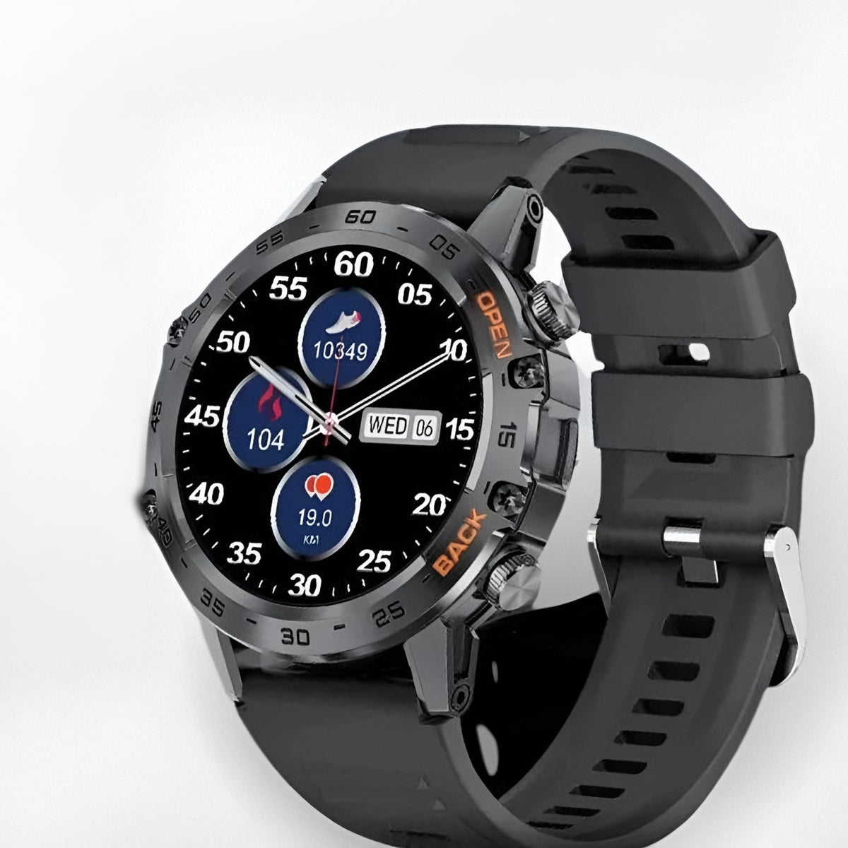 Men's rugged smartwatch with a round display and black silicone strap