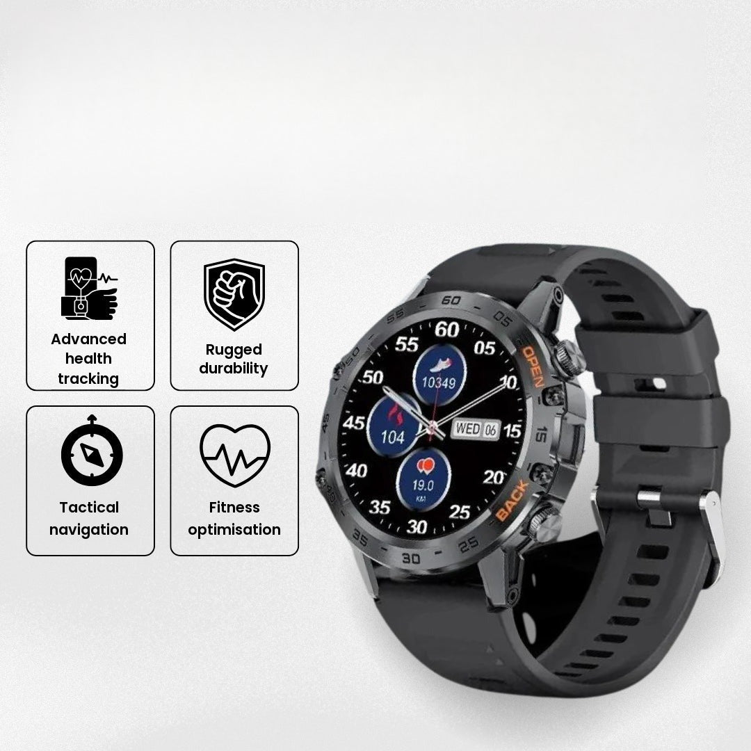 Men's rugged smartwatch with its four main features