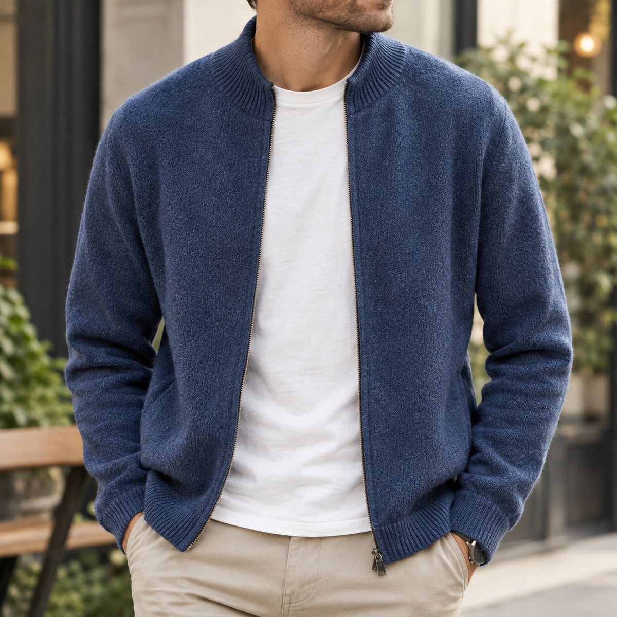 Men's seamless knit zip cardigan with a ribbed stand collar - view 2