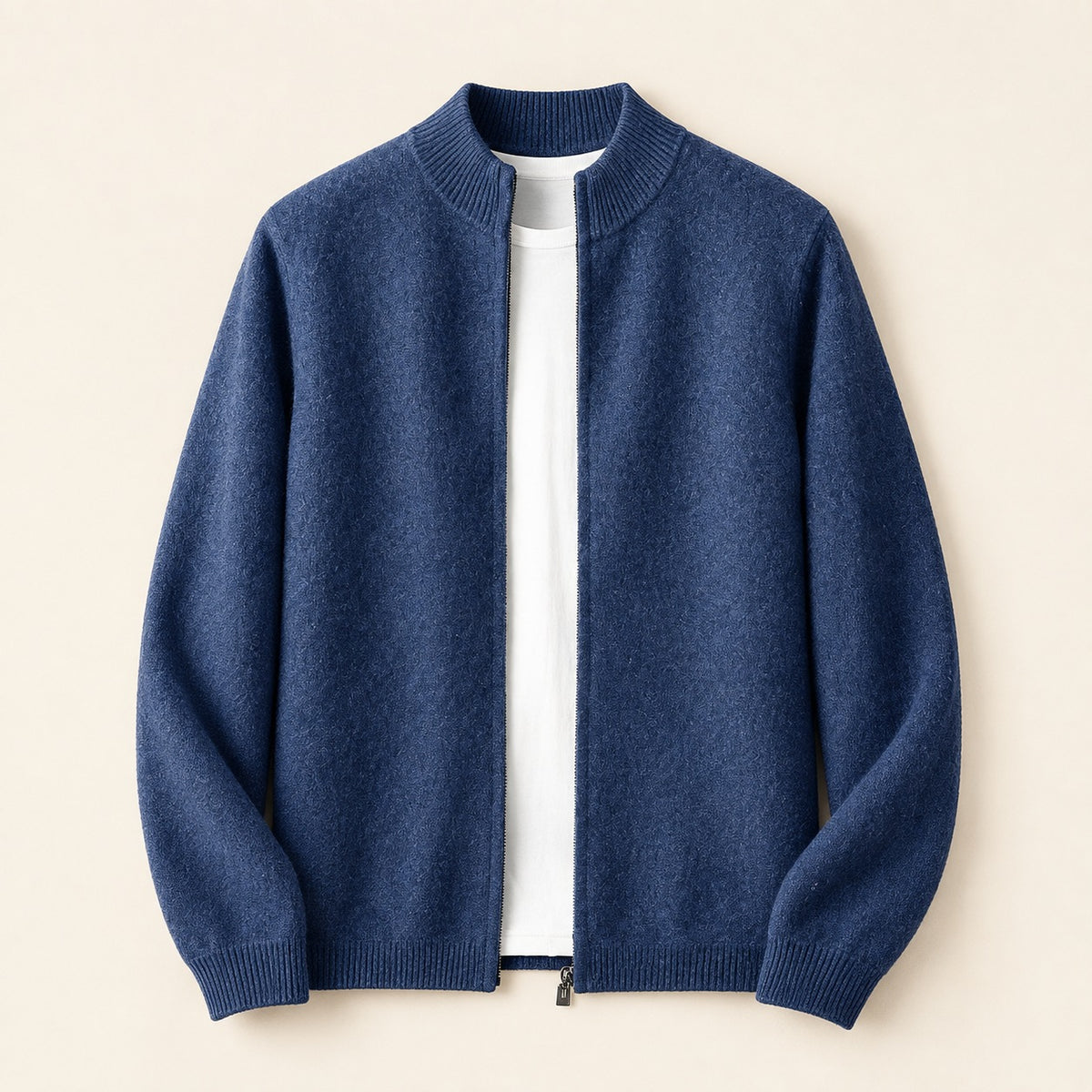 Men's seamless knit zip cardigan with a ribbed stand collar - view 3