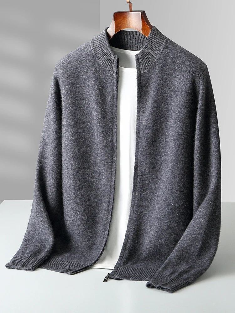 Men's seamless knit zip cardigan with a ribbed stand collar - dark grey