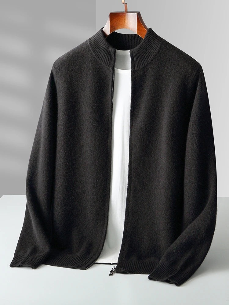 Men's seamless knit zip cardigan with a ribbed stand collar - black