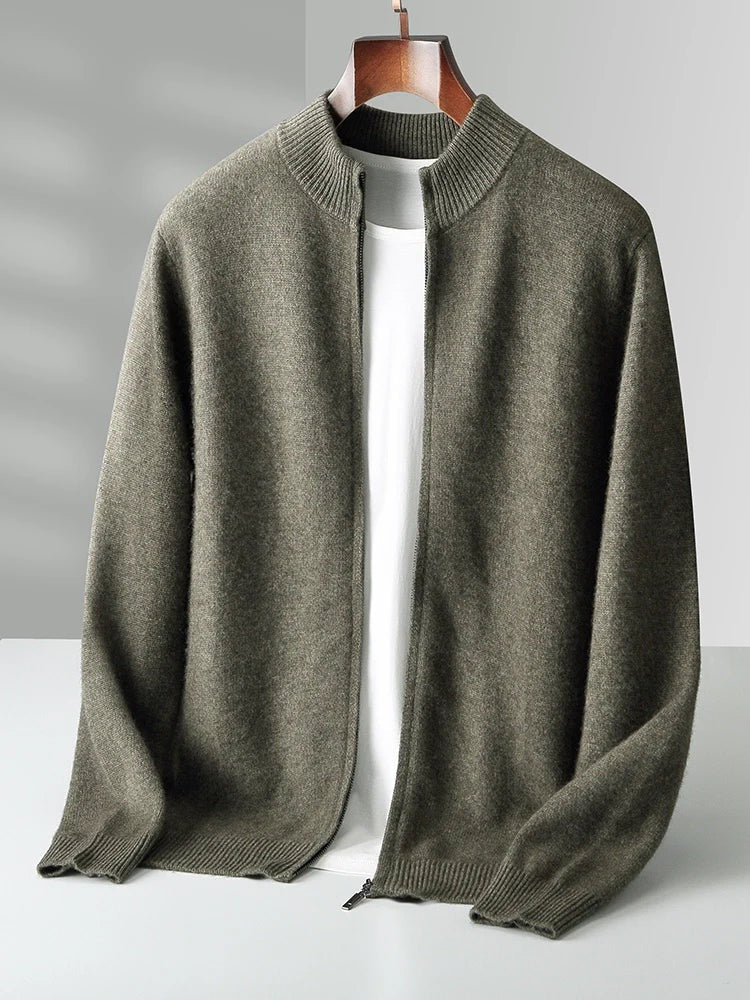 Men's seamless knit zip cardigan with a ribbed stand collar - olive