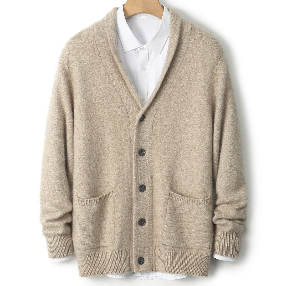 Men's shawl collar cardigan with a button front and two patch pockets - beige