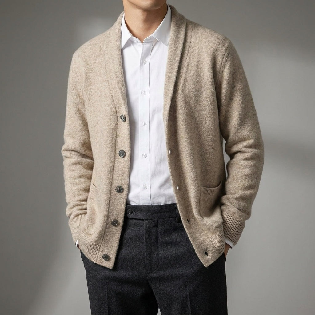 Men's shawl collar cardigan with a button front and two patch pockets - view 2