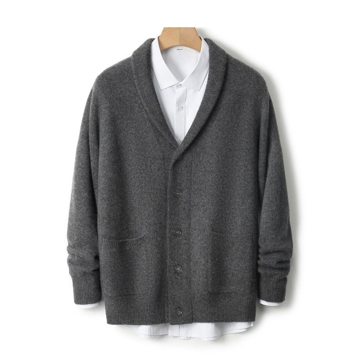 Men's shawl collar cardigan with a button front and two patch pockets - dark grey
