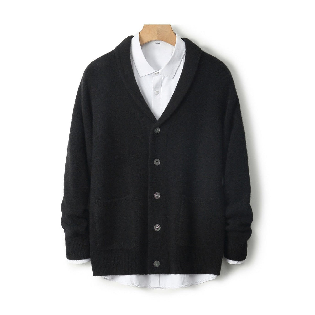 Men's shawl collar cardigan with a button front and two patch pockets - black