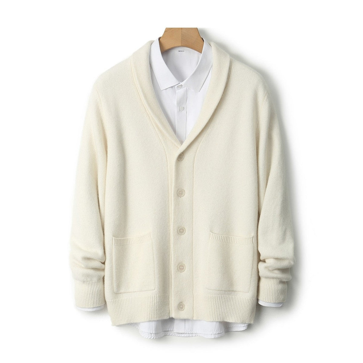 Men's shawl collar cardigan with a button front and two patch pockets - cream