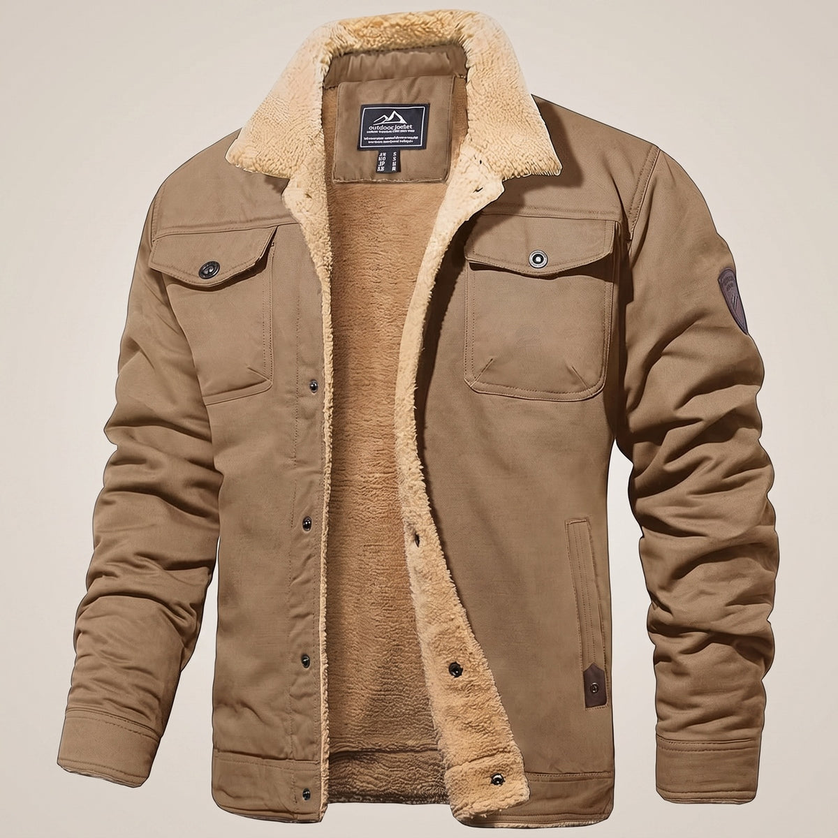 Men's sherpa-lined jacket with two flap chest pockets - khaki