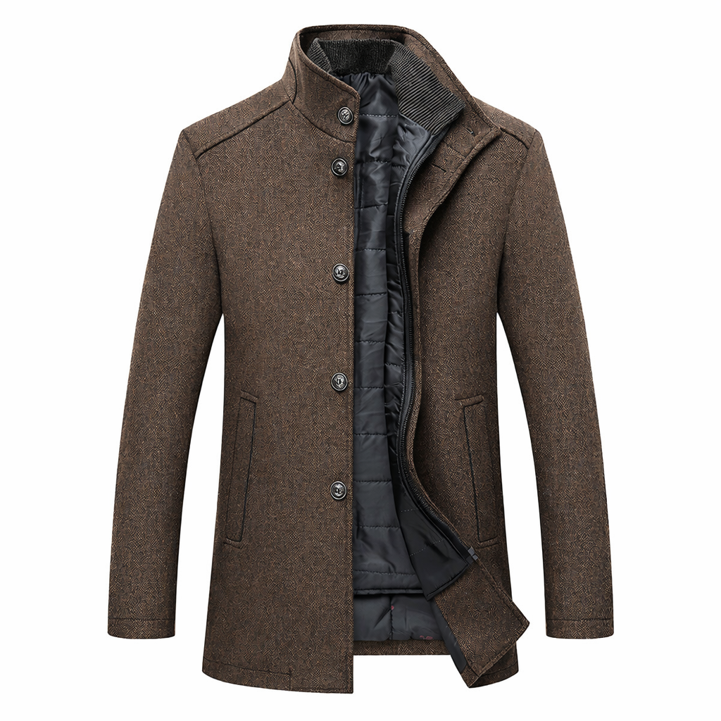 Men's short coat with a stand collar and a padded zip insert - brown