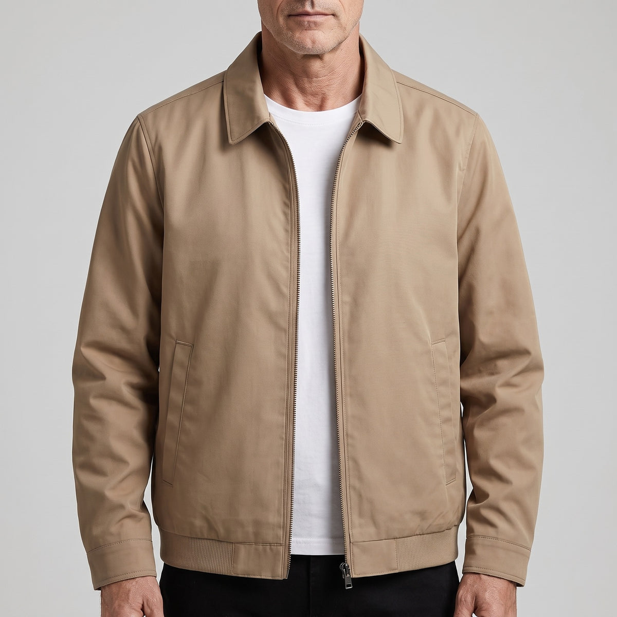 Men's short jacket with a point collar and check lining - light khaki
