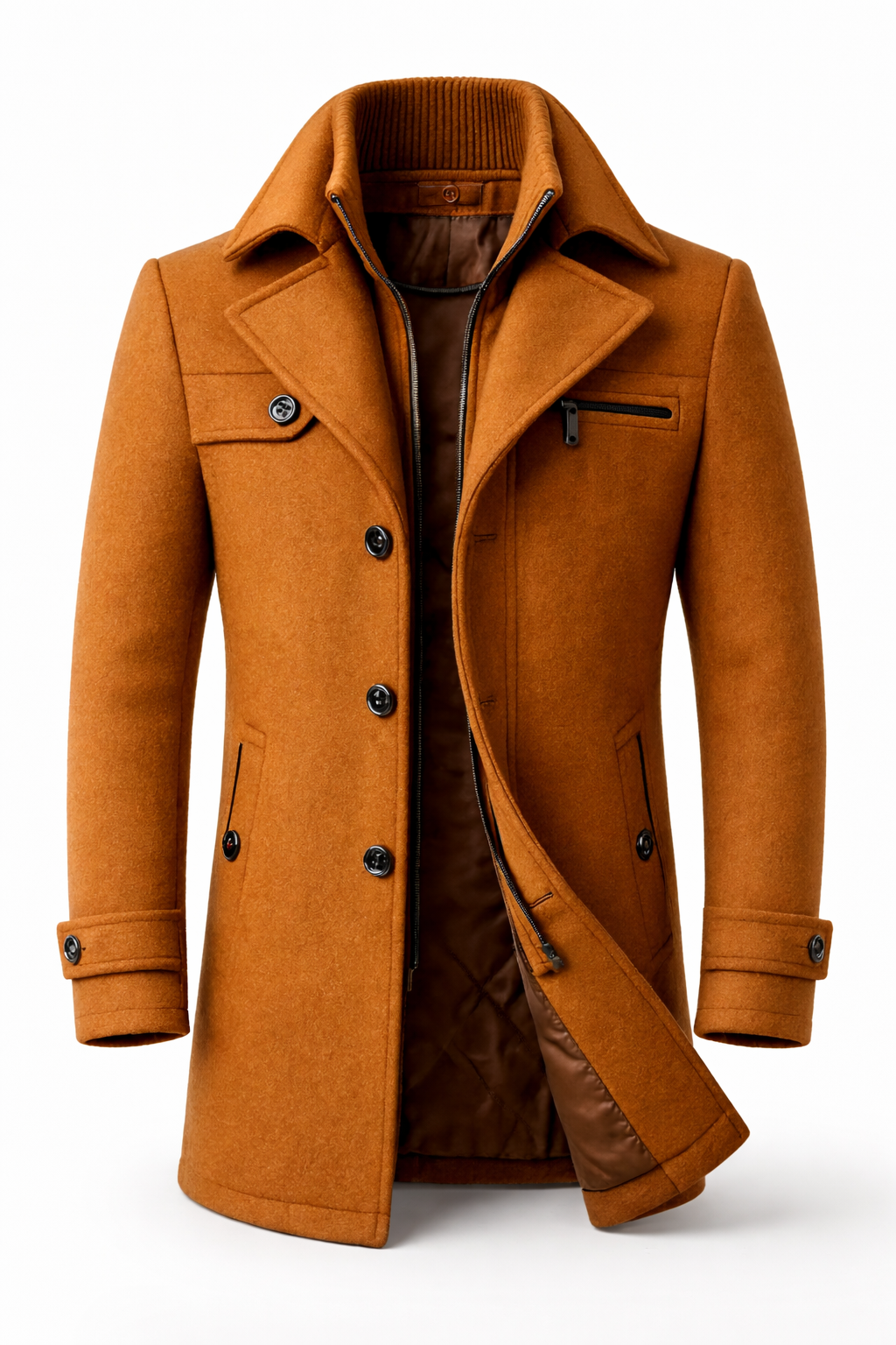 Men's short overcoat with a knitted inner collar and notch lapels - camel