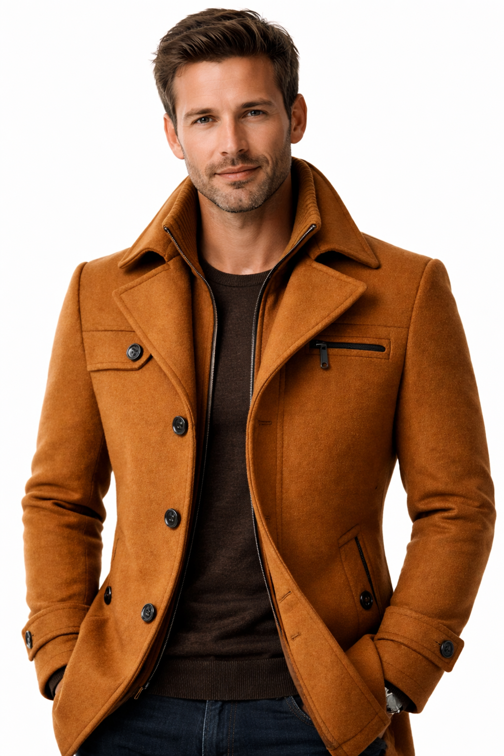 Men's short overcoat with a knitted inner collar and notch lapels