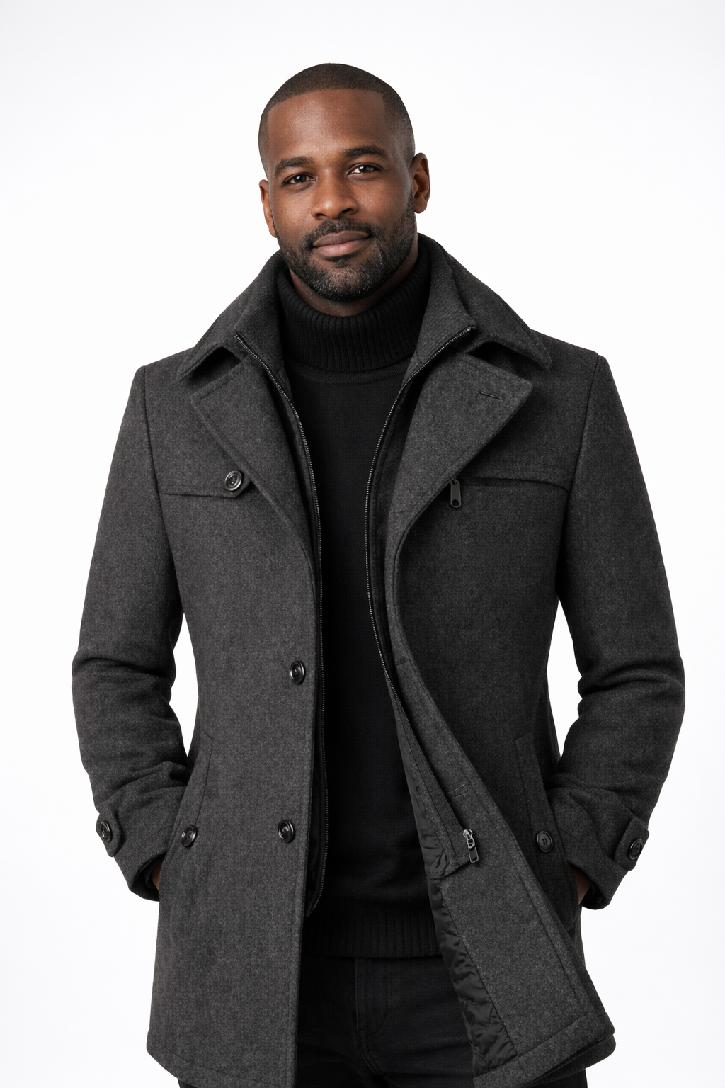 Men's short overcoat with a knitted inner collar and notch lapels