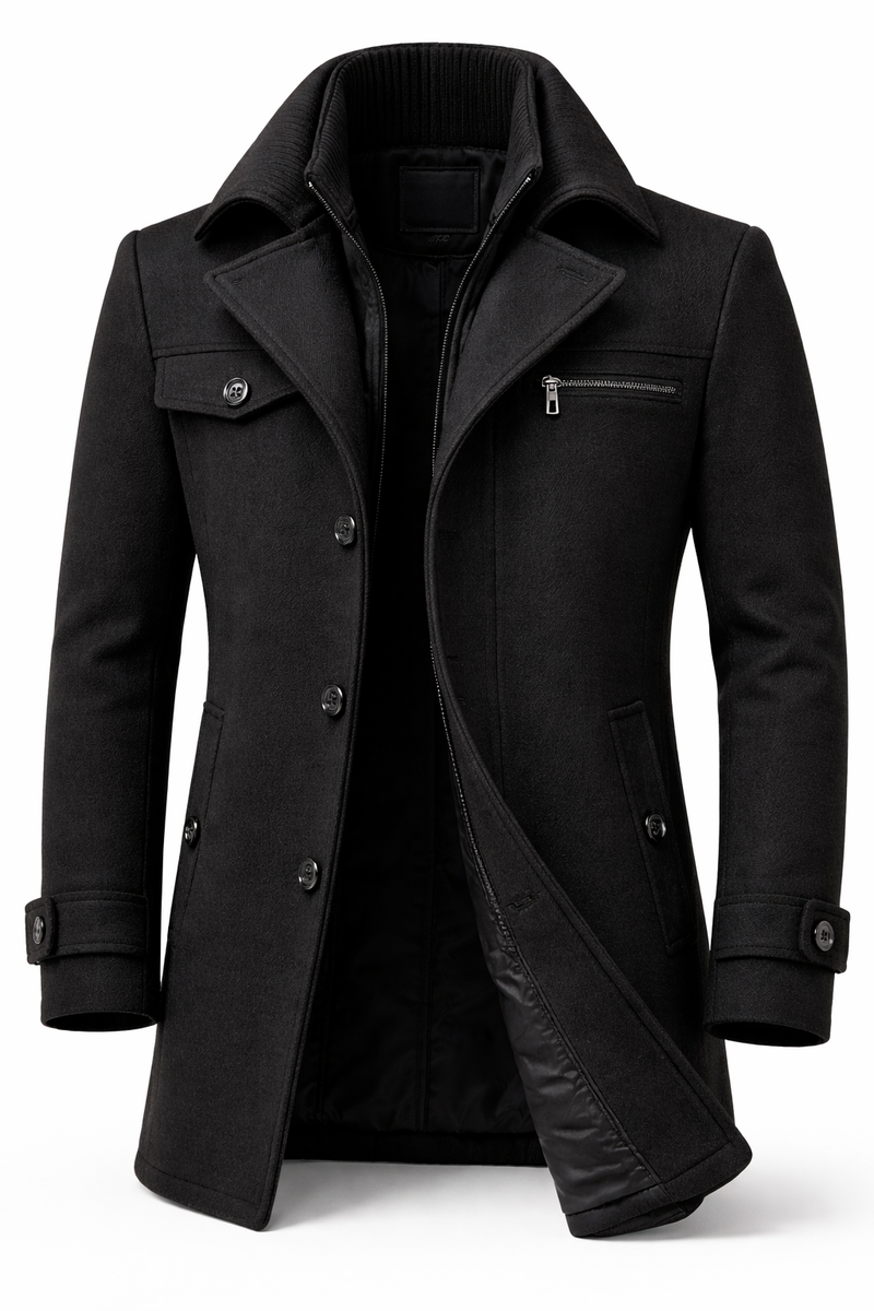 Men's short overcoat with a knitted inner collar and notch lapels - black