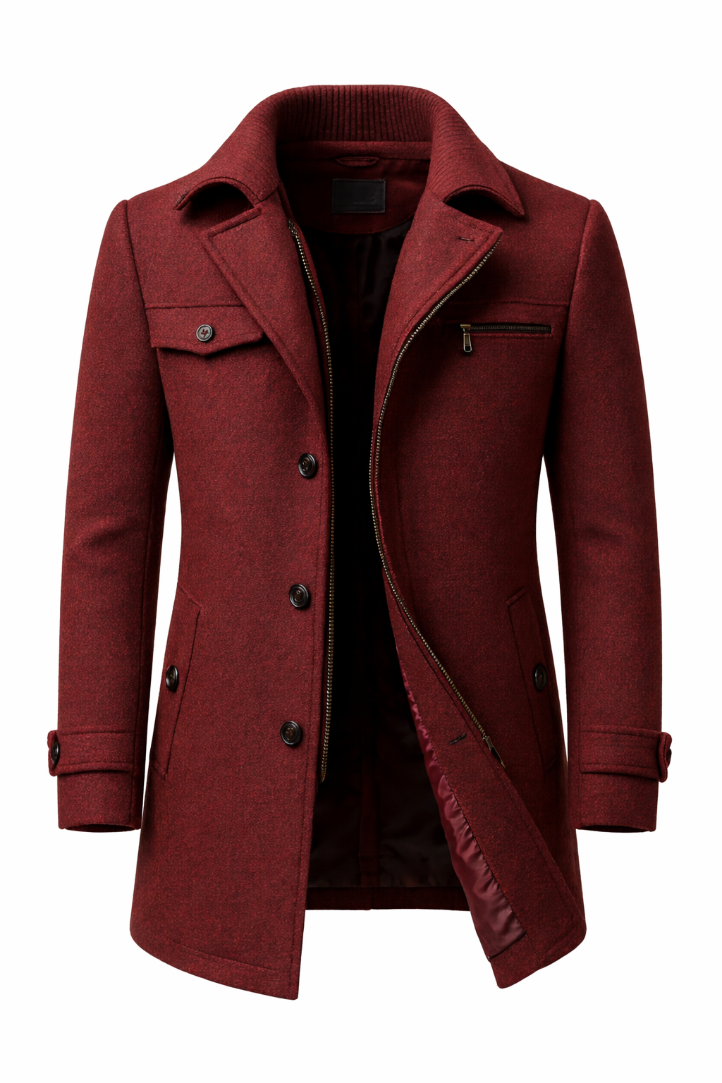 Men's short overcoat with a knitted inner collar and notch lapels - burgundy