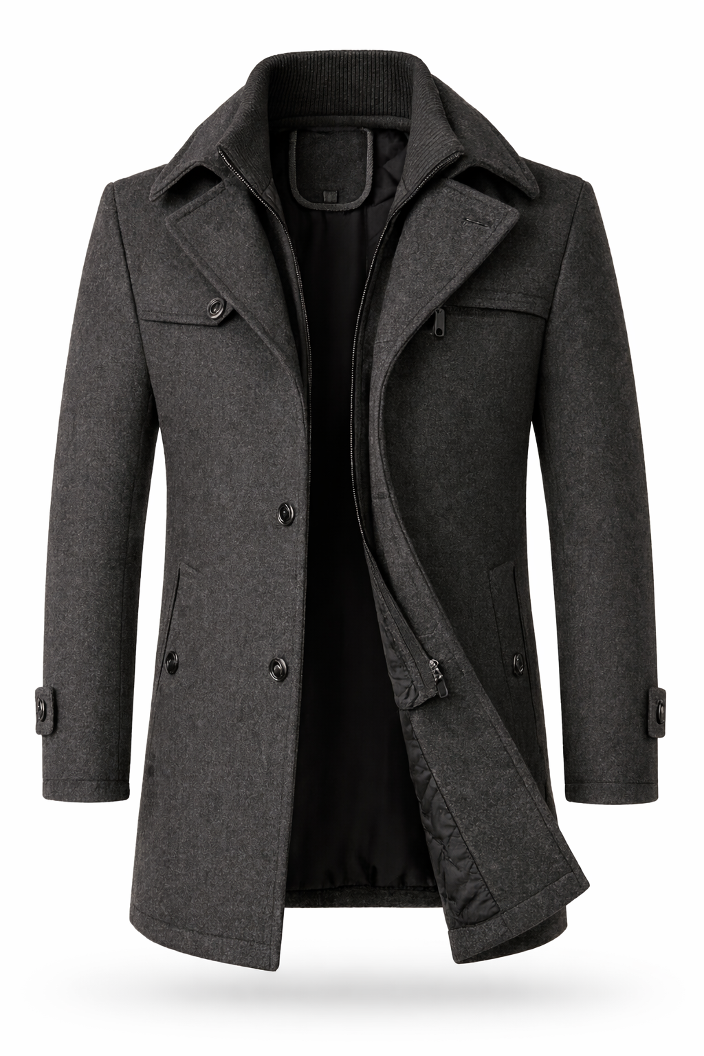 Men's short overcoat with a knitted inner collar and notch lapels - grey