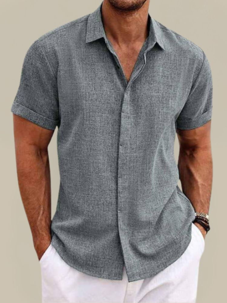 Men's short sleeve shirt in a linen look with classic collar and turned-up sleeve hems - grey