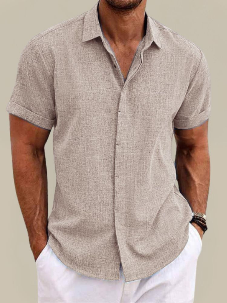 Men's short sleeve shirt in a linen look with classic collar and turned-up sleeve hems - taupe