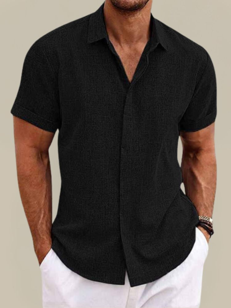 Men's short sleeve shirt in a linen look with classic collar and turned-up sleeve hems - black