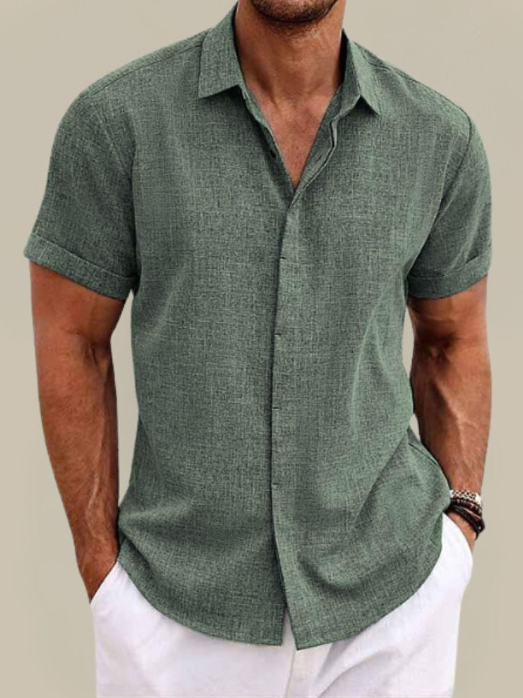 Men's short sleeve shirt in a linen look with classic collar and turned-up sleeve hems - sage green