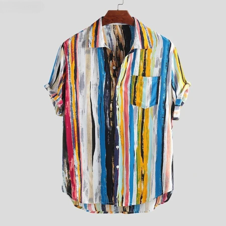 Men's short sleeve shirt with a chest pocket and multicolour painted stripes - blue multicolour