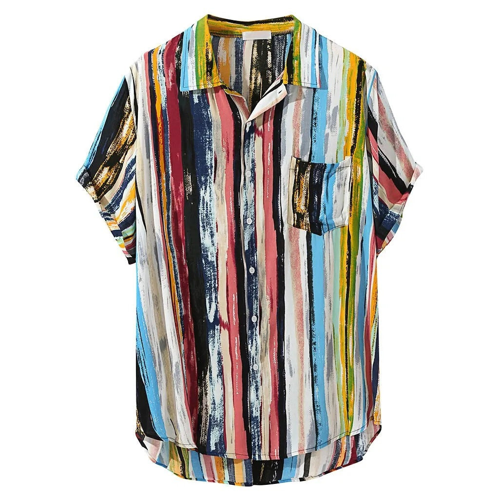 Men's short sleeve shirt with a chest pocket and multicolour painted stripes - view 3