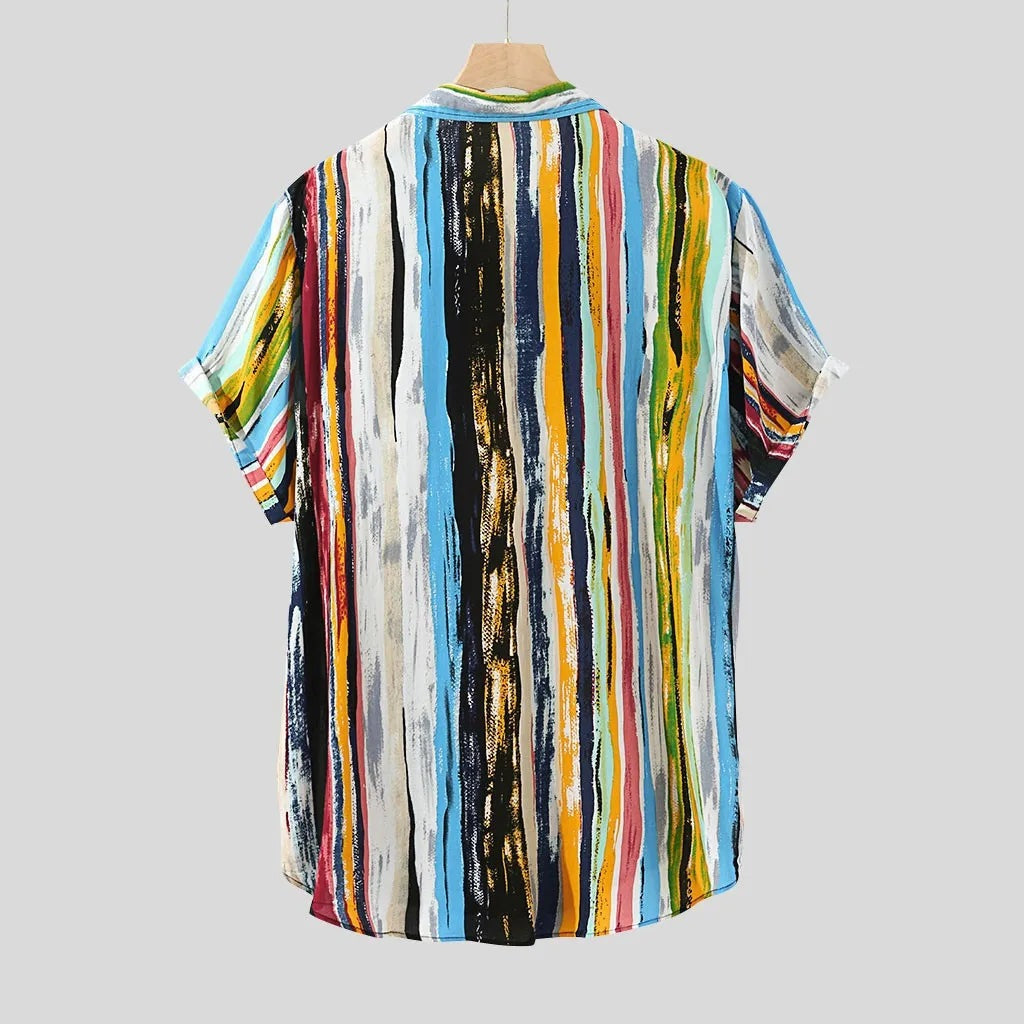 Men's short sleeve shirt with a chest pocket and multicolour painted stripes - view 4
