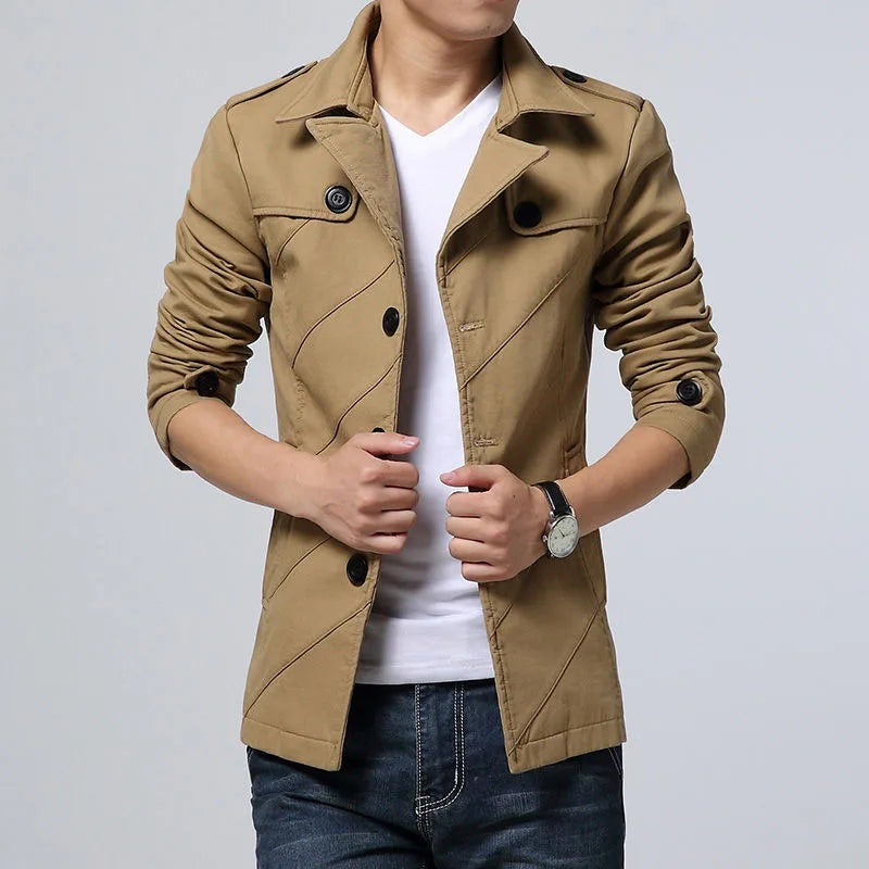 Men's short trench jacket with wide lapels and diagonal stitching - khaki