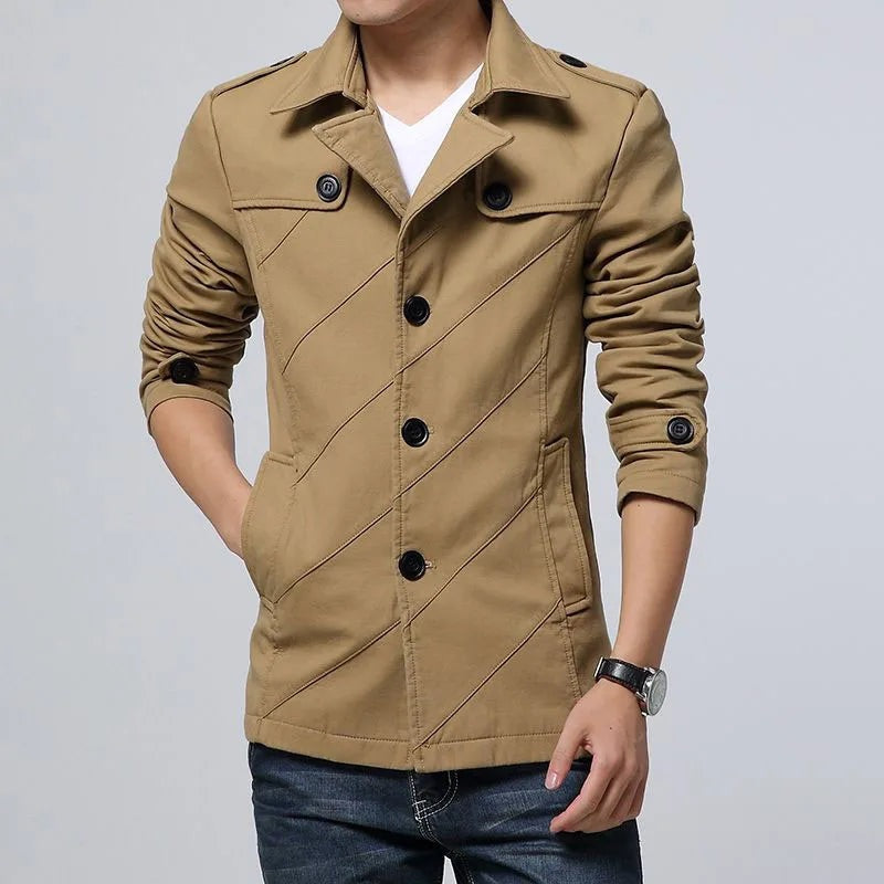 Men's short trench jacket with wide lapels and diagonal stitching - view 2