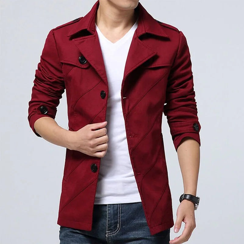 Men's short trench jacket with wide lapels and diagonal stitching - wine red