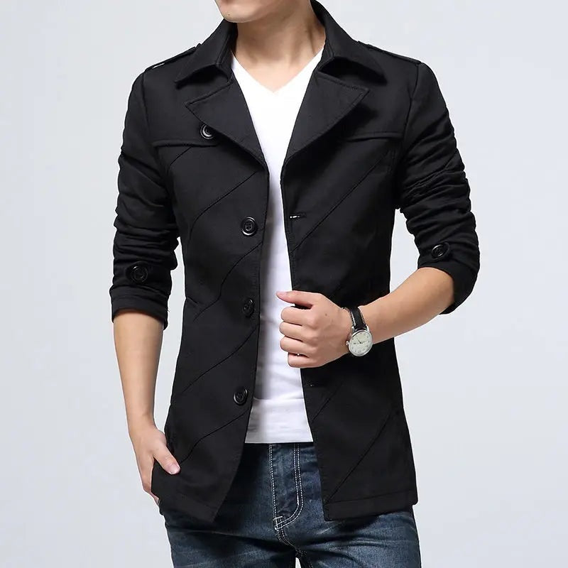Men's short trench jacket with wide lapels and diagonal stitching - black