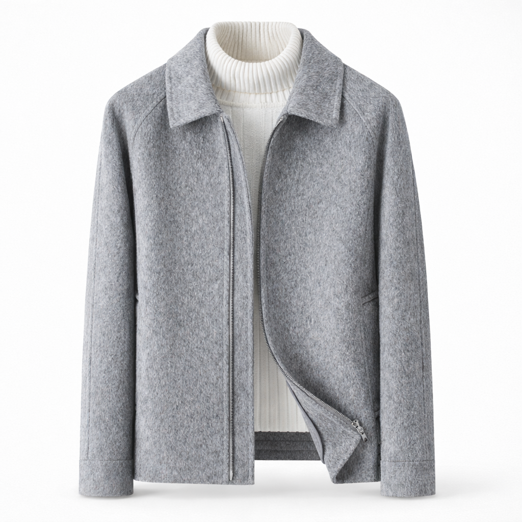 Men's short wool-blend jacket with a zip and shirt collar - light grey