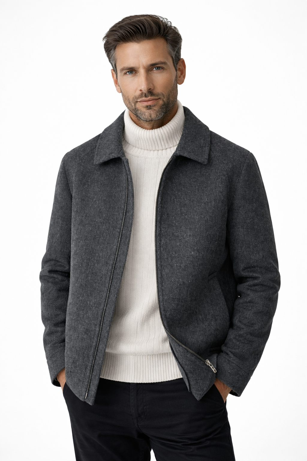 Men's short wool-blend jacket with a zip and shirt collar
