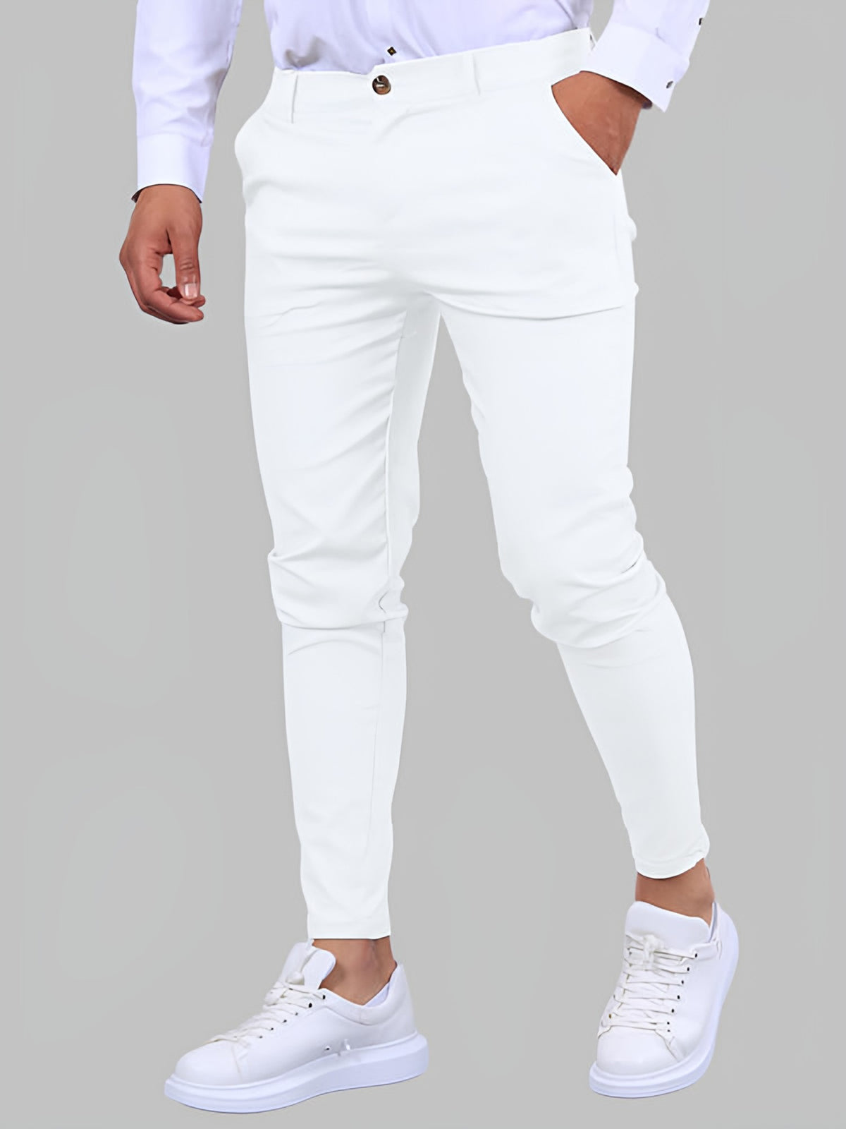 Men's skinny stretch chino trousers in white, ankle length