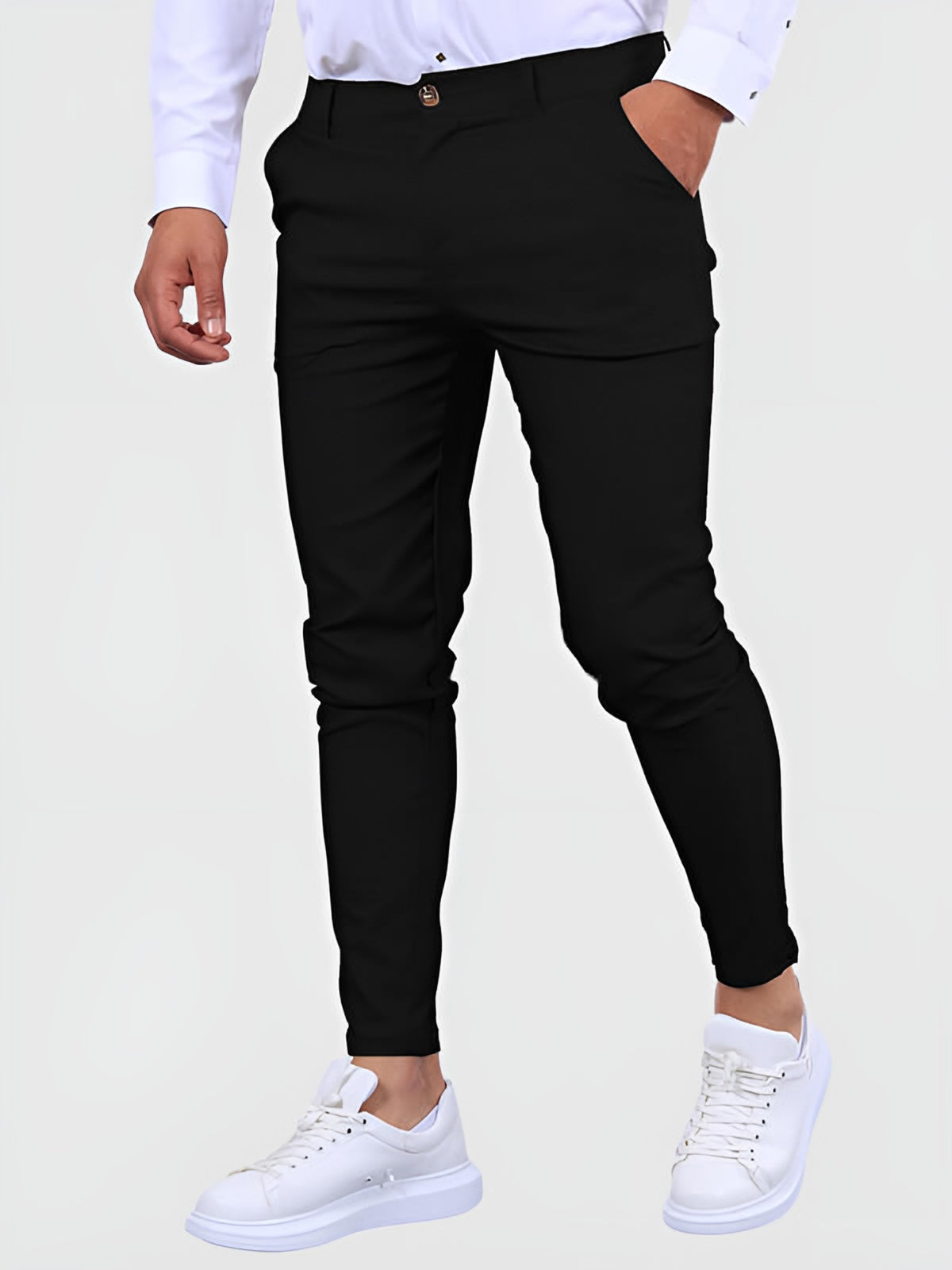 Men's skinny stretch chino trousers in black, ankle length