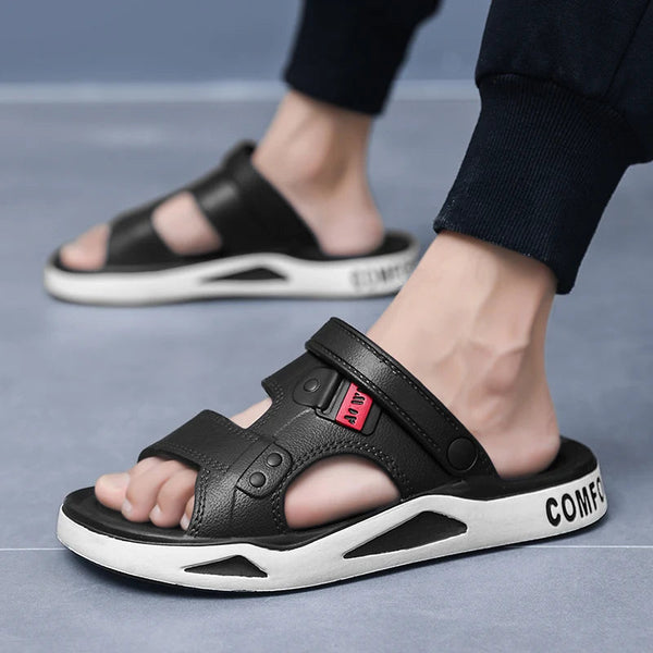 Men's EVA sliders with two straps over the foot, a back strap and a thick two-tone sole