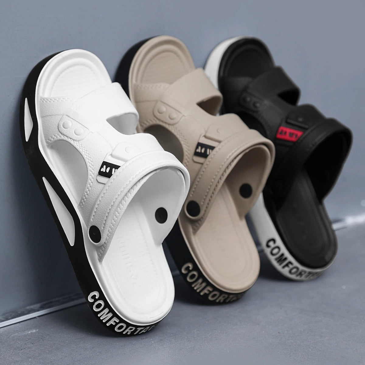 Men's EVA sliders with two straps over the foot, a back strap and a thick two-tone sole - view 2