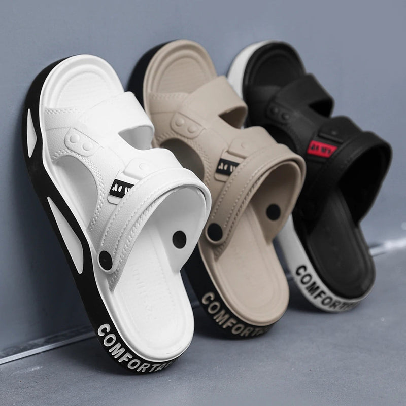 Men's EVA sliders with two straps over the foot, a back strap and a thick two-tone sole - view 2